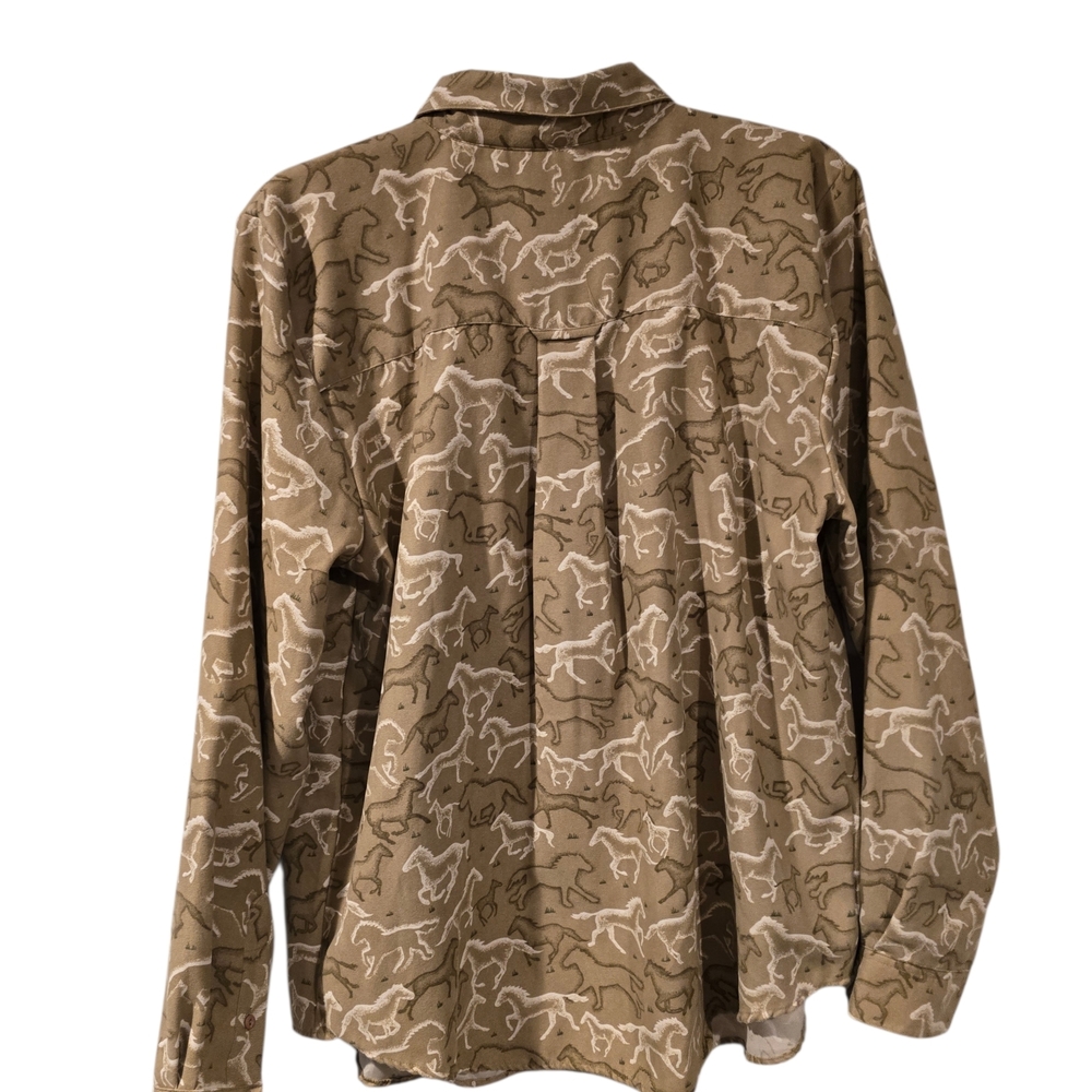 Christopher & Banks Tan Button-Up Shirt with White Horse Print Sz M - Picture 2 of 4